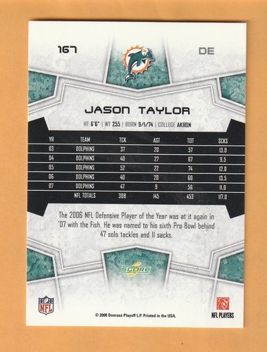 Jason Taylor Miami Dolphins 2008 Score #167 HOF Akron Zips - Picture 2 of 2