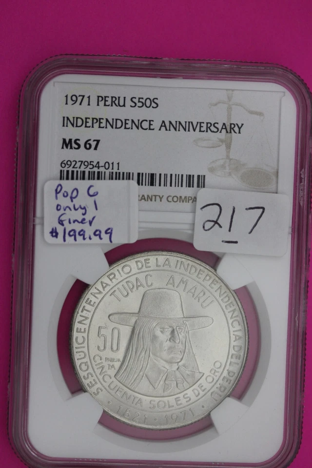 Pop 6 Only 1 Finer 1971 MS 67 Peru 50 Soles Silver Coin NGC Certified Graded 217 - Image 3 of 3