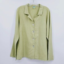 Sunny Side Up Linen Top L Button Up Green Long Sleeve Mother of Pearl USA Made