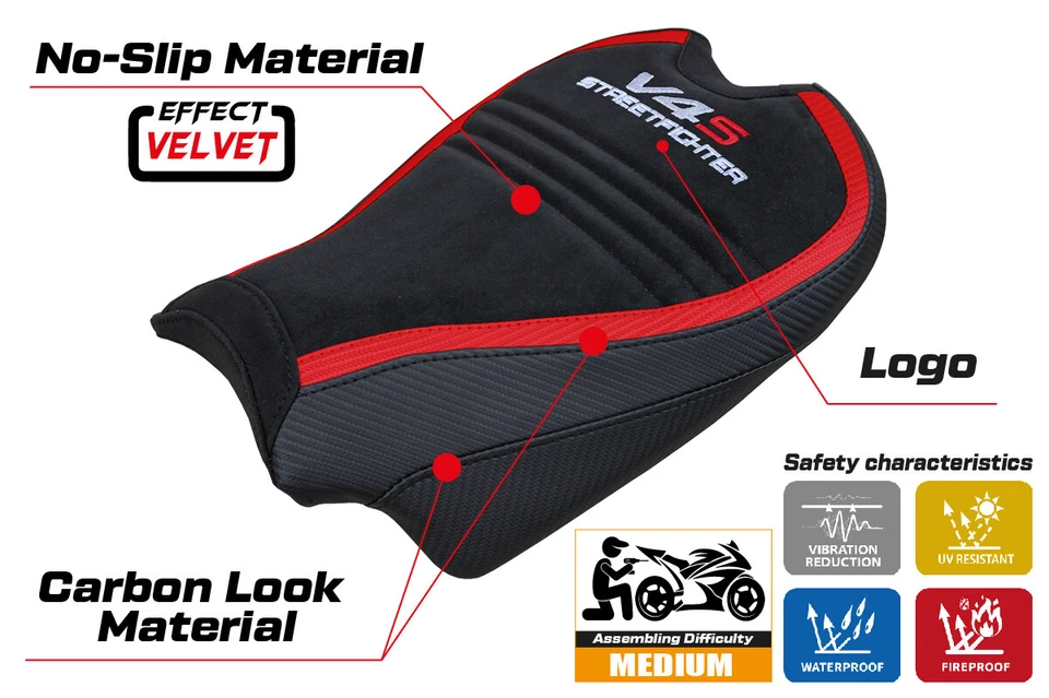 Funda de asiento Ducati Streetfighter V4 S Tappezzeria 2020-2024 terciopelo rojo negro velocidad Foto 3 de 4