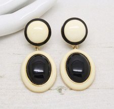Vintage Signed Joan Rivers Black Enamel Gold Drop Clip On EARRINGS Jewellery