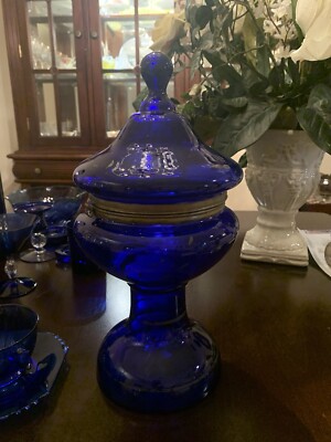 Bocal Ancien En Verre Bleu Cobalt Avec Couvercle - Apothicaire - France 1970