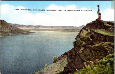 Lake Roosevelt 85,000 Acre Man Made Lake In Washington State Postcard Linen VTG