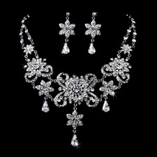 Elegant Silver Vintage Style Crystal Rhinestone Bridal Necklace Earring Set