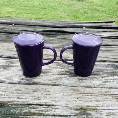Set Of 2 Teavana Plum Purple Angle Mug 12 oz Fine Porcelain Coffee Tea Mugs-2014