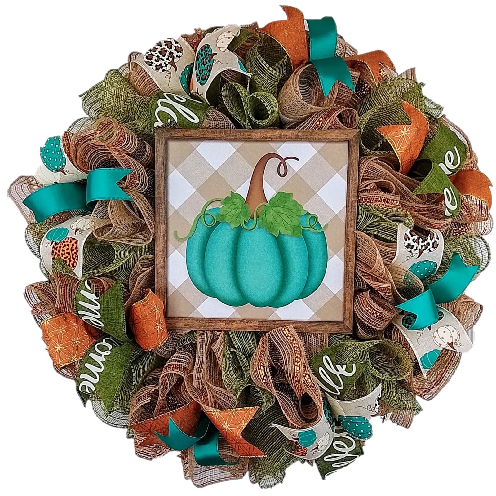 Fall Pumpkin Teal Mesh Wreath for Thanksgiving Autumn Front Door Decor
