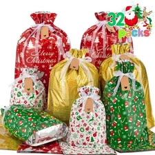 Christmas Drawstring Gift Bags with Tags - 32 PCS Stand Up Gift Bags Assorted...