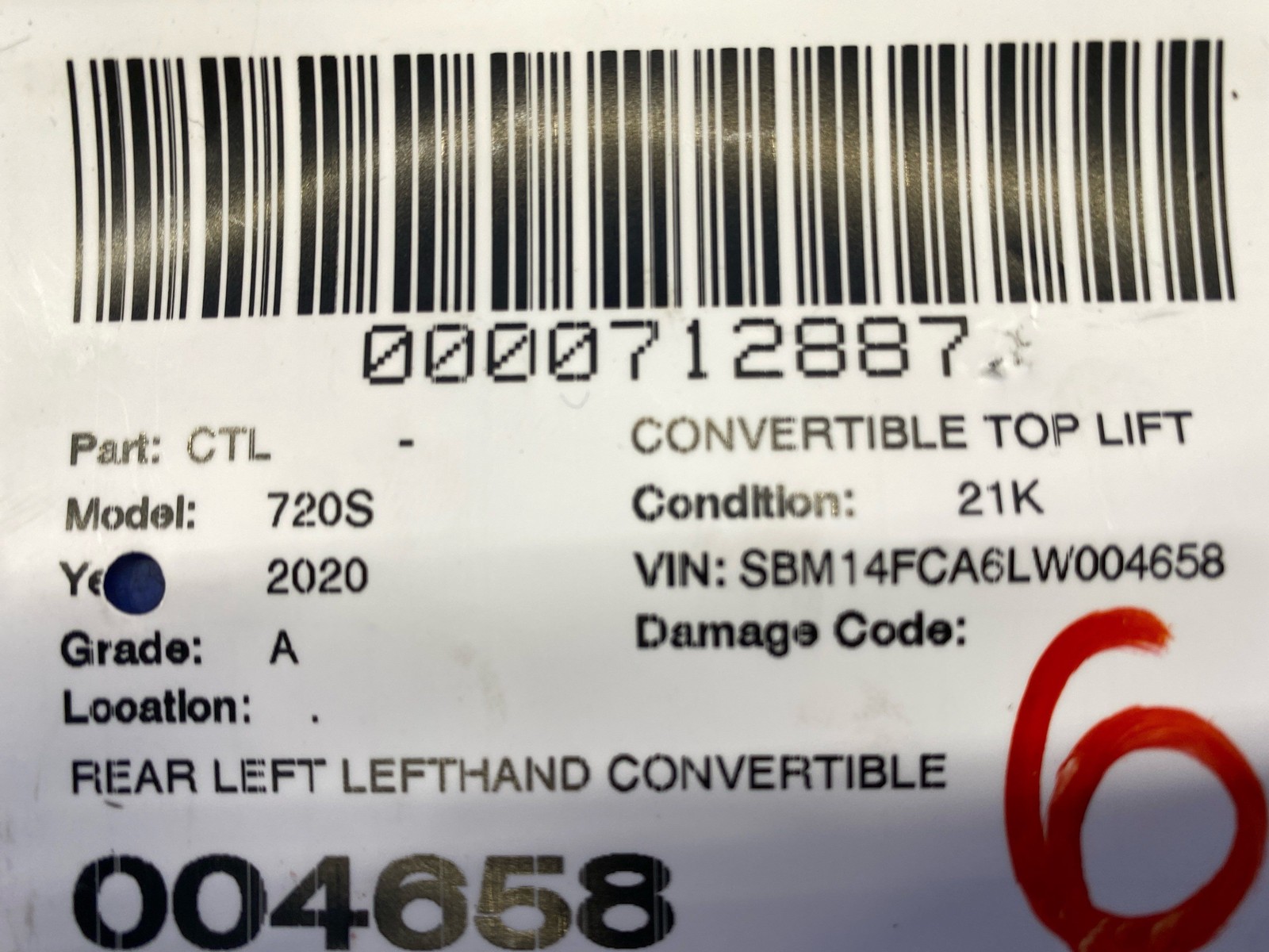 2018-2023 MCLAREN 720S REAR LEFT LEFTHAND CONVERTIBLE TOP MOTOR UNIT 90000007699