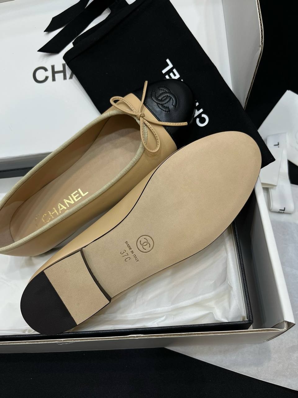 CHANEL Two-Tone Ballerina Flats – Beige/Black – Size 37C