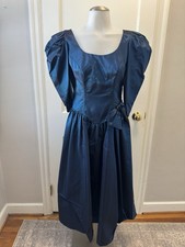 Dance Allure Vtg 1980s Formal Gown Iridescent Blue Taffeta Puff Sleeve Size 2?