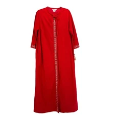 Vintage SMART TIME Red Velour Snap Front SZ M Robe House Coat Gold Ribbon NEW