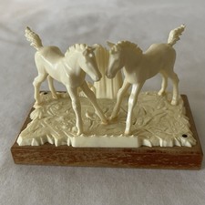 Vintage Western Germany Celluloid Two Horse Figurine on Wood Base Ivory Style