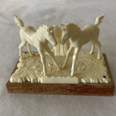 Vintage Western Germany Celluloid Two Horse Figurine on Wood Base Ivory Style