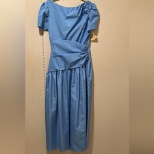 Vintage Blue Satin Rosette Puff Sleeve Prom Formal Evening Gown Dress 80s Style