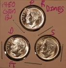 1950 P D S SILVER ROOSEVELT DIMES GEM BU D FULL BANDS! KEY DATE 500498
