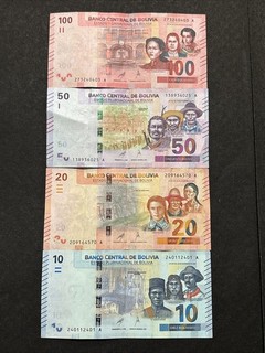 Zentralbank von Bolivien 10 20 50 & 100 Bolivianos Banknoten Set