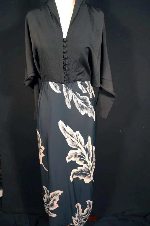 Rare Robe Longue En Rayonne Noire Florale Dorothy Lamour Années 1940 Taille 6 - Photo 1/4
