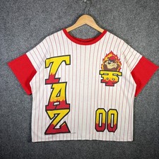 Vintage Looney Tunes Shirt Medium White 90s Taz Baseball Striped USA Flames