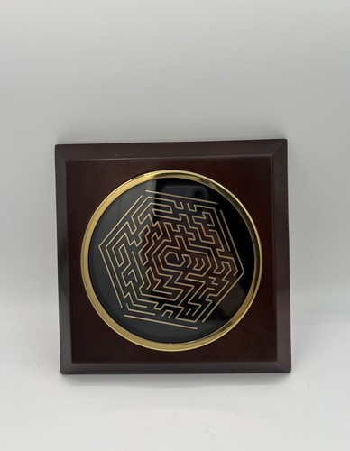 Vintage WKK Taiwan Wood Labyrinth Puzzle Brass Black Maze Desk Tabletop Game 7"