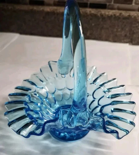 Vintage Fenton Art Glass Colonial Blue Thumb Print Basket Ruffled Edge Handled