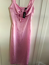 Boohoo Pink Satin Cowl Neck Midi Slip Dress Strappy Bow Zip UK 10
