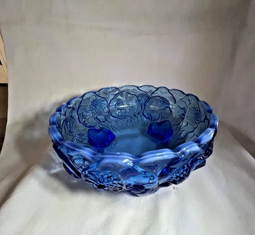Beautiful Fenton Glass Bowl, Blue, Flowers, Legs, Fenton Stamp