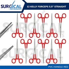 12 Pcs Kelly Hemostat Forceps 5.5" Straight with Red PVC Dep Handle German Grade