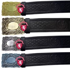 Scottish Kilt Belt  Leather Thistle Embossed Black Piper Belts Buckles Highland