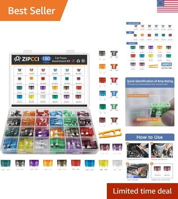 Complete 180-Pc Automotive Fuse Set with Fuse Puller - Easy Identification