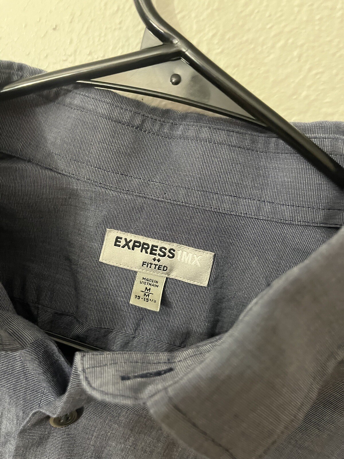 Express 1MX Fitted Solid Button Shirt Blue Solid … - image 3