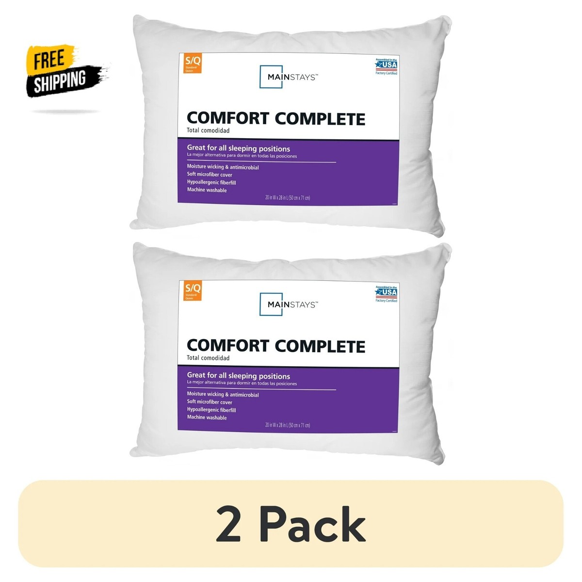 pack) Mainstays Comfort Complete Bed Pillow, Standard/Queen
