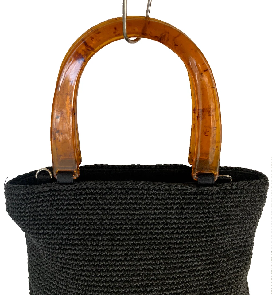 Black Crochet Knit Handbag Lucite Handle Vintage 60s Minimalist Purse Style - Image 2 of 4
