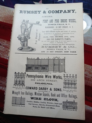 1889 Print Ad RUMSEY & COMPANY Seneca Falls New York Pump & Fire Engine Works