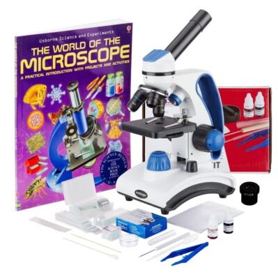 AmScope 40X-1000X Portable Student Compound LED Microscope Kit + Slides + Book