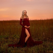 Pregnant Women Dress Maternity Long Sleeve Lace Off Shoulder Gown Photo Shoot
