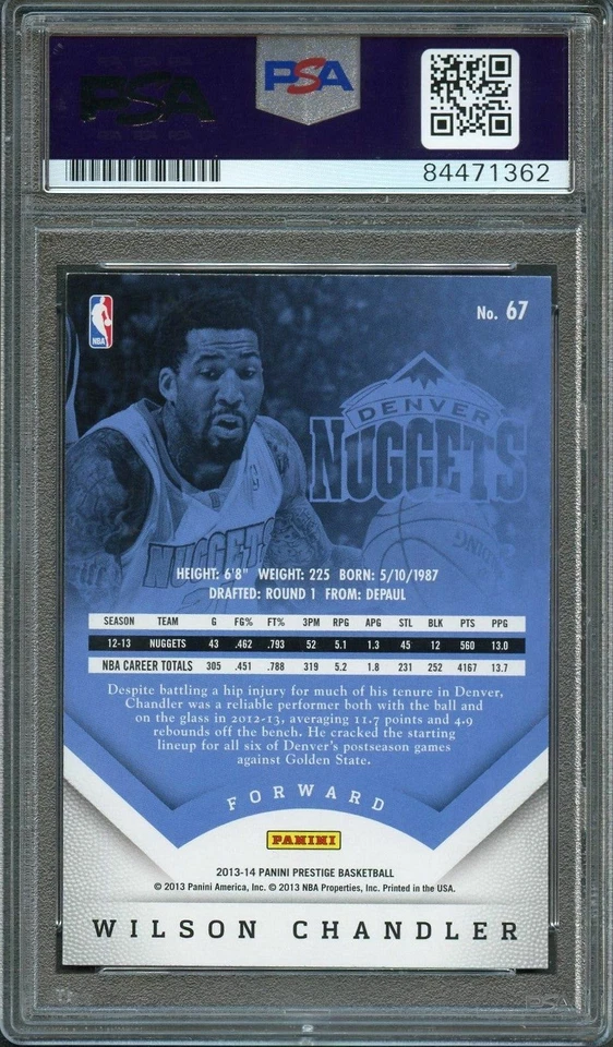 2013-14 Panini Prestige #67 Wilson Chandler Signed Card AUTO 10 PSA Slabbed - Image 2 of 2