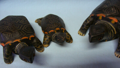 HANDCRAFTED TURTLES Unique 3 Handcrafted Different Size Wooden Turtles Vtg (A1)