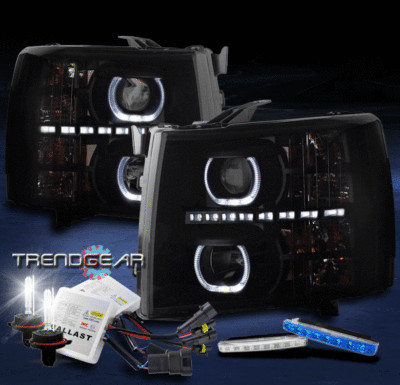 FOR 2007-2013 SILVERADO U-HALO LED BLACK/SMOKE PROJECTOR HEADLIGHT +BLUE DRL+HID