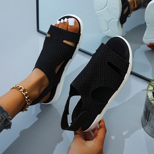 Womens Ankle Strap Wide Fit Flat Sandals Lady Summer Beach Peep Toe Shoes Size H - Picture 17 of 24