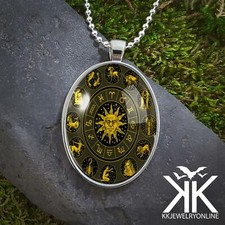 Zodiac Wheel Pendant - Astrology Sun Celestial Silver Handmade Necklace - 40