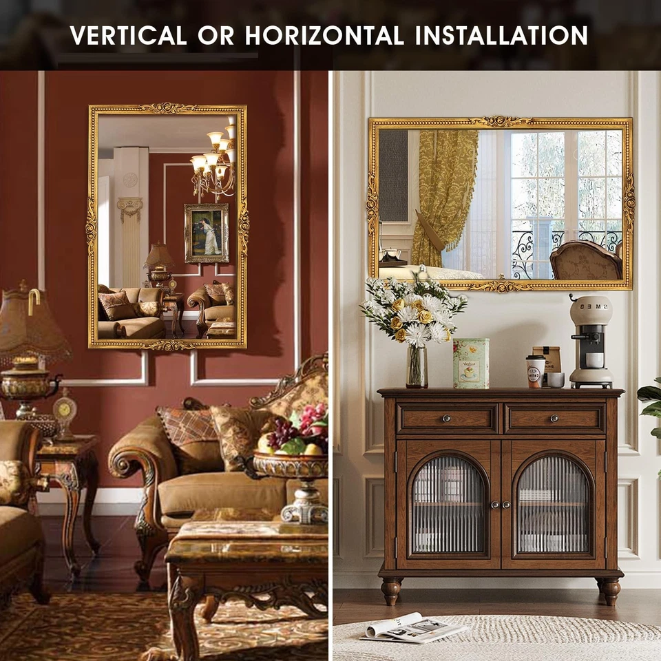 Espejo de pared dorado envejecido con marco de cuentas - 24 * 36 pulgadas tradicional y florista... Foto 4 de 4