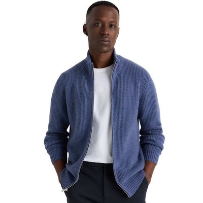 New Quince Men s Heather Blue Mongolian Cashmere Fisherman Full Zip Sweater XL