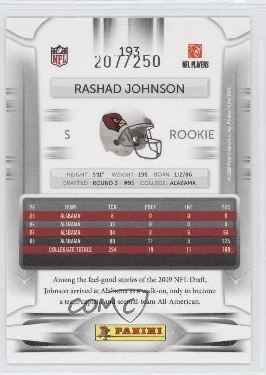 2009 Playoff Prestige Xtra Points Gold /250 Rashad Johnson #193 Rookie RC - Image 2 of 2