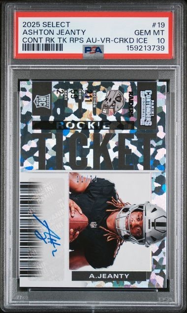 2025 PANINI SELECT ASHTON JEANTY CRACKED ICE ROOKIE TICKET VAR AUTO /24 PSA 10
