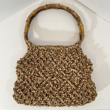 Vintage Macrame Crochet Handbag with Bamboo Handle Boho 1970 Hippie