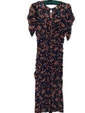 Free People Ruched Mesh Midi Dress Black Floral Slit Small
