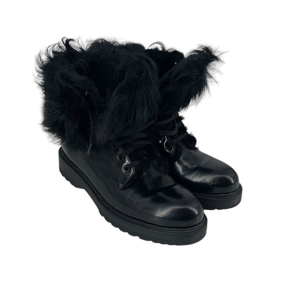 PRADA Shearling Lined Leather Ankle Boots Lace Up Size 38 Goth