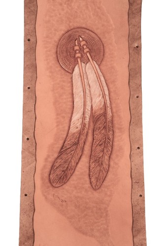 Hand Carved in Leather with Intricate Detailed Design of Two Feathers Signed PTE