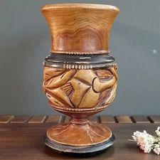 Hand Carved Tropical Wood Pedestal Vase Floral Rustic Boho Primitive Global 10”