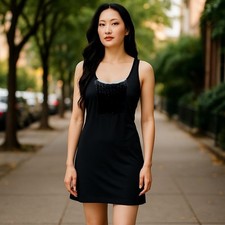 Eileen Fisher system Black 100 Silk Ruffle Dress Crepe Georgette Midi size Small